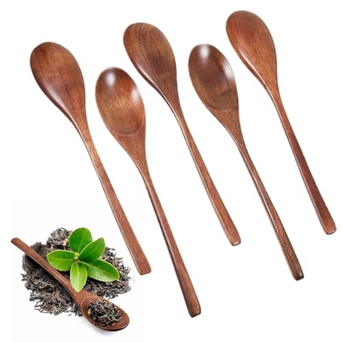 5 Stück Holzlöffel Set Suppenlöffel aus Holz Natürliche Holzlöffel mit Langem Griff Handgefertigte Esslöffel Müslilöffel Holz Kochbesteck Set für Suppe Brei Müsli Honig (22.5x4cm, Zählen, 5) von YUFFQOPC