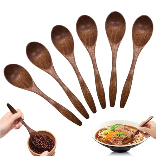 6 Stück Holzlöffel Set Suppenlöffel aus Holz Natürliche Holzlöffel mit Mittlerem Griff Handgefertigte Esslöffel Müslilöffel Holz Kochbesteck Set für Suppe Brei Müsli Honig (14x3cm, Zählen, 6) von YUFFQOPC