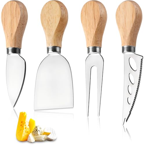 YUFFQOPC käsebesteck 4 Stück Mini Käsemesser aus Edelstahl Edelstahl-Küchenkäse-Werkzeuge Käse Set mit Holzgriff Ergonomischen Griffe Extra Scharfe Klingen für Küche Käse Kuchen Pizza Butter von YUFFQOPC