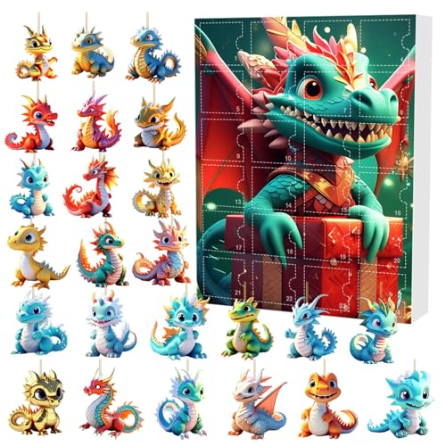 Weihnachts Drachen Adventskalender 2024 Acryl Drache Figur Countdown Kalender 2D Drachen Weihnachtsbaumschmuck Adventskalender 24 Tage Weihnachts Countdown Kalender Drachen (Blue, One Size) von YUGHGH