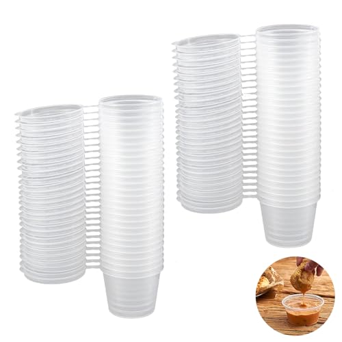 100 Stück Deli Container, Plastikbecher Mit Deckel, Kleine Dosen Mit Deckel Plastik, Mini Dosen Mit Deckel, 1oz Frischhaltedosen Auslaufsicher, Für Soßen, Dips, Gewürze, Ketchup Salate (25ml) von YUGUOLAN