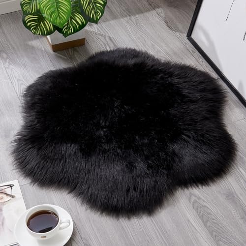 YUGWNN Schwarz Fellteppich Kunstfell Teppich Bettvorleger Fell,Schafsfell Fell füR StüHle,BlüTendurchmesser 60cm/23.6in von YUGWNN
