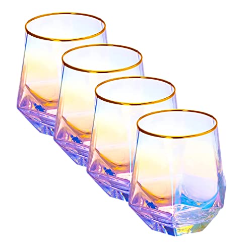 Weinglas ohne Stiel, Diamant-Regenbogen-Weinglas-Set mit 113,284 ml, schillerndes Glas, mit goldfarbenem Rand, ideal für Rotwein, Spirituosen, Cocktails, Bourbon oder Trinkgläser, als Geschenk von YUHANOER