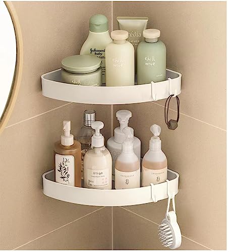 YUHIAKE Duschablage Ohne Bohren, Duschregal Ecke Weiß mit 4 Haken, Badezimmer Regal Badregal, Eckregal Dusche für Bad Küche Toilette Organizer, 2 Stück von YUHIAKE