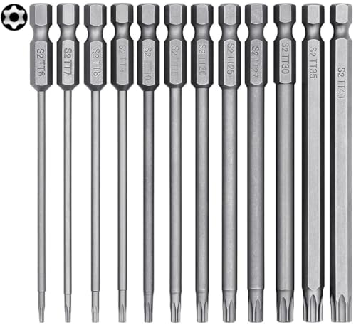 YUHIAKE 12 Stück Torx Bit Set Lang mit Loch, T6-T40 100mm Länge, Torx Lang Schraubendreher Bit Set, Torx Bit Satz Lang Magnetisch, 1/4" Sechskant Schaft von YUHIAKE