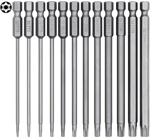 YUHIAKE 12 Stück Torx Bit Set Lang Mit Loch, T6-T40 100mm Länge, Schraubendreher Bit Set, Magnetisch, 1/4" Sechskant Schaft von YUHIAKE