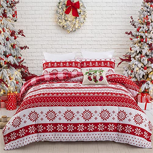 Weihnachten Bettbezug Bettwäsche-Set 135X200,Rot Reversible Schneeflocke-Baum-Streifen-Karomuster Luxus Urlaub Tröster Für Kinder Erwachsene 2/3 Stück Twin Queen King Size Bettdecke Set Tagesdeck von YUHOOE