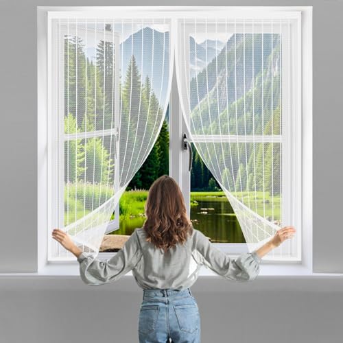Fliegengitter für Fenster 112 x 122 cm Insektenschutz Tür Vorhang Einfache Montage Ohne Bohren für Alle Tür- Und Fenstergrößen, Weiß von YUHUILI