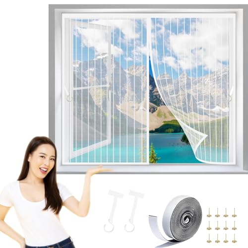 Selbstklebende Magnet Fenster Netz 112 x 74 cm Fliegengitter Balkontür Vollrahmen-Klettverschluss für Alle Tür- Und Fenstergrößen, Weiß von YUHUILI