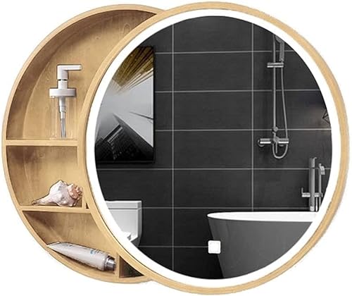 Spiegelschrank Badezimmer rund mit Licht, wandmontierter Schlafzimmer-Kosmetikspiegel aus Holz mit Aufbewahrungsschrank, runder Kosmetikspiegel mit Licht von YUIOPB