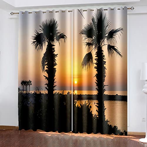 YUIUPD 3D Sonnenlandschaft Am Meer Muster Vorhang Blickdicht Ösen 2Er Set 160X140cm(HxB) Modern Thermogardine Für Wohnzimmer Schlafzimmer, Verdunklungsvorhänge Kinderzimmer Fensterdekoration von YUIUPD