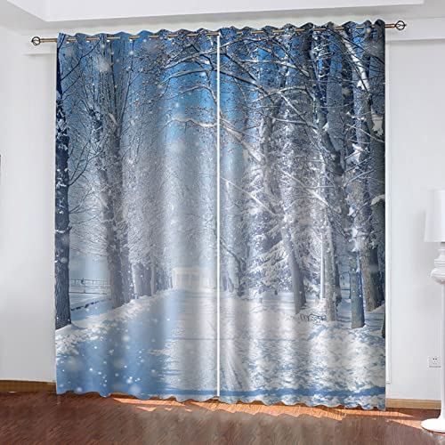 YUIUPD 3D Weiße Schneeflockenlandschaft Muster Vorhang Blickdicht Ösen 2Er Set 160X140cm (Hxb) Modern Thermogardine Für Wohnzimmer Schlafzimmer, Verdunklungsvorhänge Kinderzimmer Fensterdekoration von YUIUPD