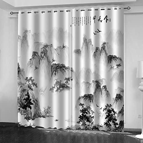 YUIUPD Gardinen Wohnzimmer - 3D Schwarz-Weiß-Tintenlandschaft Muster Verdunkelungsvorhang Mit Ösen - Vorhänge Blickdicht 2Er Set 230X234cm Vorhang Wärmeisolierend Schlafzimmer Kinderzimmer Fensterdek von YUIUPD