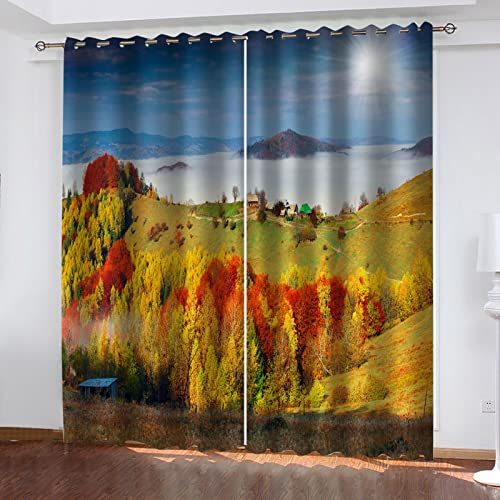 YUIUPD Vorhang Blickdicht Kinderzimmer 2Er Set, Ösenvorhang 3D Goldene Herbstlandschaft Muster, Verdunklungsvorhänge Schlafzimmer Wohnzimmer 260X280cm (Hxb) Thermogardine Fensterdekoration von YUIUPD