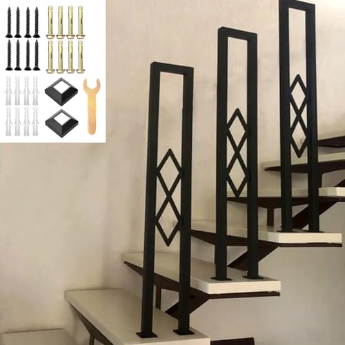Modernes Treppengeländer, U-förmiger Anti-Rutsch-Handlauf, Sicherheitszaun aus Schmiedeeisen mit Diamantdekoration für Garten, Veranda, Dachboden, Außentreppe, mit Abdeckungen (Schwarz, 95cm) von YUJEYHD