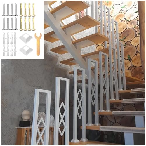 Modernes Treppengeländer, U-förmiger Anti-Rutsch-Handlauf, Sicherheitszaun aus Schmiedeeisen mit Diamantdekoration für Garten, Veranda, Dachboden, Außentreppe, mit Abdeckungen (Weiß, 110cm) von YUJEYHD