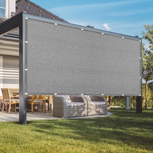 Sonnensegel Atmungsaktiv 140 x 410 cm Rechteckig Atmungsaktiv 98% UV Schutz Outdoor Schattiernetz mit Ösen mit Ösen Segeltuch 4 × 1.5 M Seile für Terrasse Camping, Hellgrau von YUJINLIU