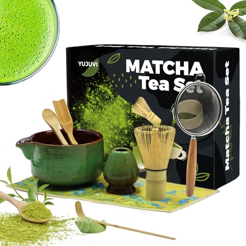 YUJUVI Matcha Tea Set Matcha Set 9-Teiliges Set Matcha Besen Matcha Schale mit Auslauf Japanisches Matcha Tea Set Matcha Besenhalter, Sieb, Schaufel, Tea Set (Wellenmuster Magic Green Set) von YUJUVI