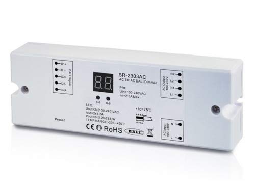 SR-2303AC 230V DALI Controller 2-Kanal Dimmerpack 2x1,2A - Flexibler und leistungsstarker DALI Dimmer/Decoder 1- oder 2-Kanal Betrieb, Triac-Steuerung geeignet für alle dimmbaren 230V Leuchtmittel SR-2303AC 230V DALI Controller 2-Kanal Dimmerpack 2x1,2A - Flexibler und leistungsstarker DALI Dimmer/Decoder 1- oder 2-Kanal Betrieb, Triac-Steuerung geeignet für alle dimmbaren 230V Leuchtmittel von YULED