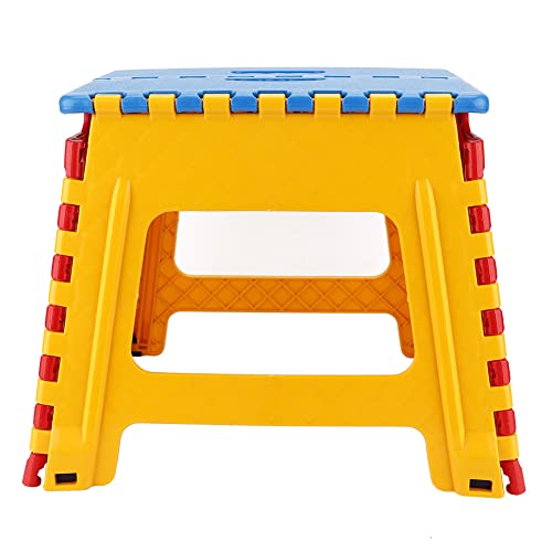 YULEESIYIP Plastikklapphocker Kleiner Stuhl Fortgeschrittene tragbare Kinderhocker 32 * 22,5 * 30 cm (Blauer rot und gelber Boden) von YULEESIYIP