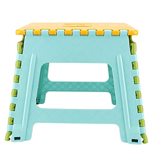 YULEESIYIP Plastikklapphocker Kleiner Stuhl Fortgeschrittene tragbare Kinderhocker 32 * 22,5 * 30 cm (Gelbe Gesicht blau grün) von YULEESIYIP