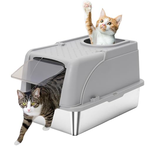 Katzenklo Edelstahl mit Deckel, XXL Katzenklo Große Katzentoilette Edelstahl aus für Große Katzen mit Hohem Rand, Metal Cat Litter Box, Nicht Klebrig (Hellgrau) von YULEYU