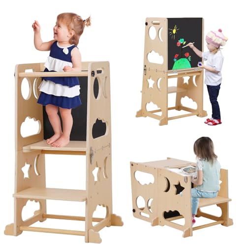 Montessori Lernturm für Kinder aus Holz, 3 in 1 Learning Tower für Kinder Lernturm Klappbar Tritthocker mit Tafel, Küchenhocker-Helfer für Kinder, für Küchentisch und Badezimmer von YULEYU
