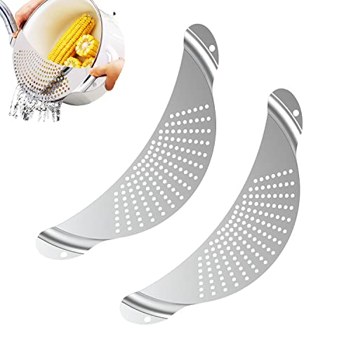 2Pcs Edelstahl Topf Sieb mit Griff, Nudelsieb Edelstahl Halbrund, Topfsieb in Halbmondform, Topf Abtropfsieb, Flaches Sieb Küche, für Kochtöpfe Schüsseln Nudeln Gemüse und Früchte (Silber) von YULIAO