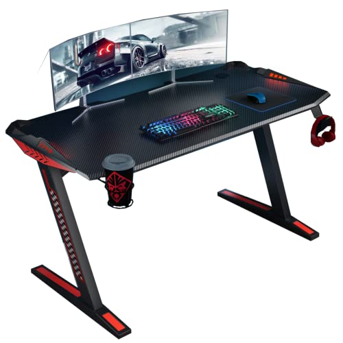 YULUKIA 120 x 60cm Gaming Tisch, Computer Gaming Schreibtisch, PC Tisch Gaming mit Kohlefaseroberfläche, Stabiler Computertisch für Gaming mit Kopfhörerhaken und Getränkehalter, Schwarz von YULUKIA