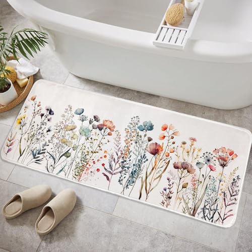 YULUOSHA Boho Badezimmer Teppich 16 "x 47" Lange Nicht rutschen abstrakte Läufer Badematte für Badezimmer weichen Plüsch Flauschige waschbar Bad Teppiche Boho Badezimmer Dekor (Wildblumen, 120x40cm) von YULUOSHA