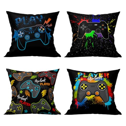 YULUOSHA Gaming Kopfkissenbezüge 45x45 Set of 4, Spiel Kissenbezüge for Kinder Jungen Mädchen, Video Game Gamer Kissenbezüge, Teens Gamepad Dekorative Akzent-Kissenbezüge for Zuhause(45 x 45 cm, B) von YULUOSHA