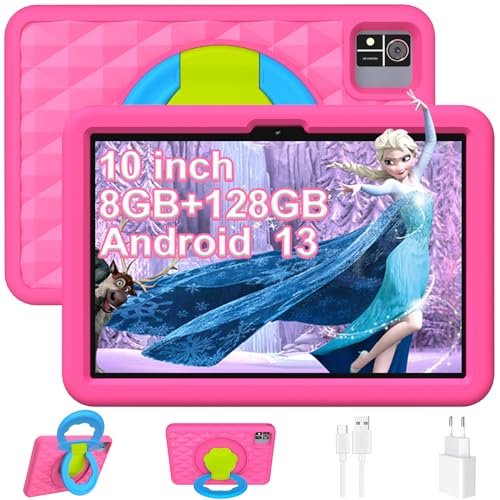 YUMBOT Kinder Tablet 10 Zoll, für Kinder mit Android 13, 8GB RAM 128GB ROM 6000 mAh,Kindersicherung,Wi-Fi,Bluetooth,Kinder Tablet ab 2 3 5 6 7 8 Jahre mit Eva Hülle,Rose von YUMBOT