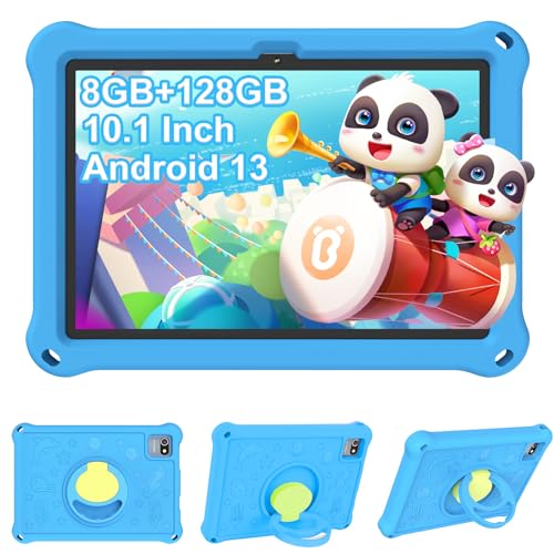YUMBOT Kinder Tablet 10 Zoll Android 13 - 8GB RAM 128GB ROM, Kindersicherung, 6000 mAh, Dual Kameras, HD 1280x800, Netflix, Für 2-8 Jahre, Google Play, Eva Hülle, Blau von YUMBOT