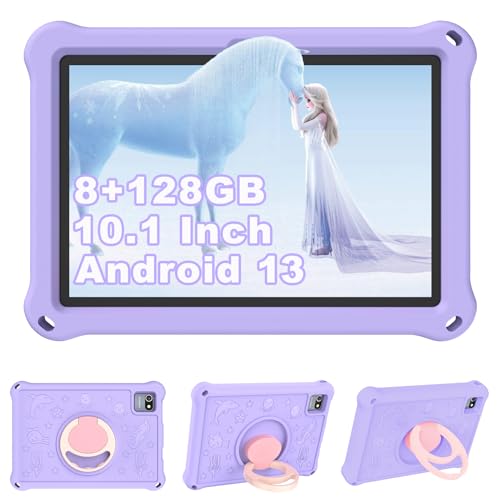 YUMBOT Kinder Tablet 10 Zoll,Kids Tablet Android 13 8GB RAM 128GB ROM, Kindersicherung,6000 mAh, WiFi,Bluetooth HD1280 x 800,Netflix,Kinder Tablet ab 2 3 5 6 7 8 Jahre mit Google Play,Eva Hülle,Lila von YUMBOT