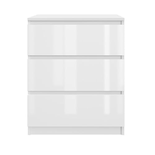 YUMEBLY Kommode mit 3 Schubladen 60 cm | Weiß - glänzende Vorderseite Ideal für Schlafzimmer, Wohnzimmer, Kinderzimmer und Büro | Geräumige Kommode| Modernes Design | 61x75x40 cm von YUMEBLY
