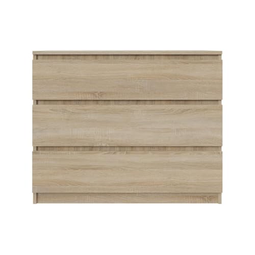 YUMEBLY Kommode mit 3 Schubladen 90 cm | Farbe: Sonoma, Ideal für Schlafzimmer, Wohnzimmer, Kinderzimmer und Büro | Geräumige Kommode| Modernes Design | 90x75x40 cm von YUMEBLY