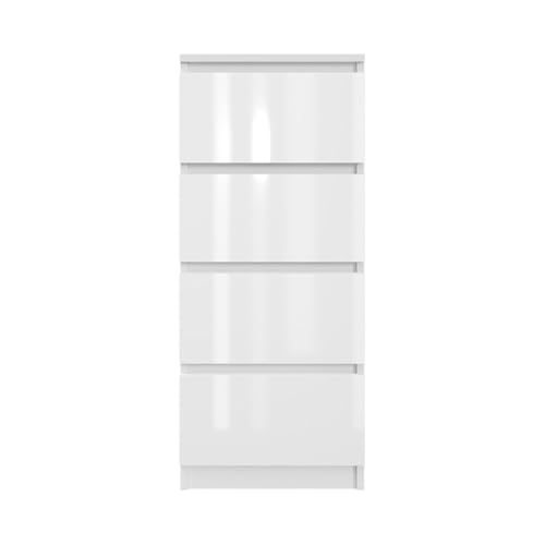 YUMEBLY Kommode mit 4 Schubladen 40 cm | Weiß - glänzende Vorderseite Ideal für Schlafzimmer, Wohnzimmer, Kinderzimmer und Büro | Geräumige Kommode| Modernes Design | 40x97x40 cm von YUMEBLY