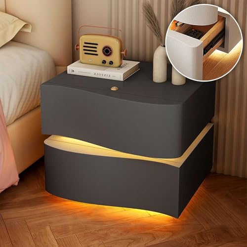 YUMEIGE Familienfreundlicher Nachttisch aus Leder mit LED-Röhren, moderner Nachttisch aus Leder, Nachttisch aus Massivholz, Beistelltisch mit 2 oder 3 Schubladen (F,3 Schublade) von YUMEIGE