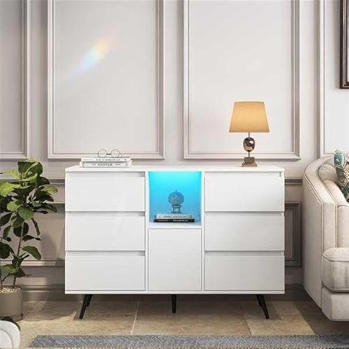 YUMEIGE Familienfreundliches Wohnzimmer Sideboard Aufbewahrungsschrank Weiß Hochglanz mit LED Licht Moderne Küchenzeile Schrank Buffet Holz Aufbewahrung Display Kabine von YUMEIGE
