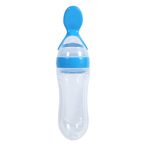 Baby-Futterflasche, 1 Stück 90 ml Silikon-Baby-Kleinkind-Futterflasche, Babynahrungs-Futterflasche mit Löffel für frische Lebensmittel, Müsli-Squeeze-Futter für Müsli-Milchbrei(Blau) von YUMILI