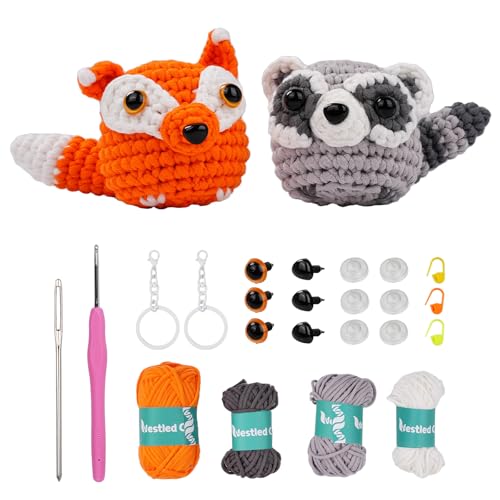 YUMILI Anfänger Häkel Starter Kit, Häkel Set für Anfänger, Tier Häkelpaket Complete Amigurumi Starter Set with Video Tutorials, DIY Crochet Kit for Kids Adults, Gift for Craft Lovers (Fuchs Waschbär) von YUMILI