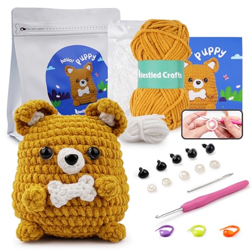 YUMILI Anfänger Häkel Starter Kit, Häkel Set für Anfänger, Tier Häkelpaket Complete Amigurumi Starter Set with Video Tutorials, DIY Crochet Kit for Kids Adults, Gift for Craft Lovers (Welpe) von YUMILI