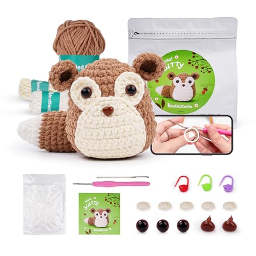 YUMILI Anfänger Häkel Starter Kit, Häkel Set für Anfänger, Tier Häkelpaket Complete Amigurumi Starter Set with Video Tutorials, DIY Crochet Kit for Kids Adults, Gift for Craft Lovers (Eichhörnchen) von YUMILI