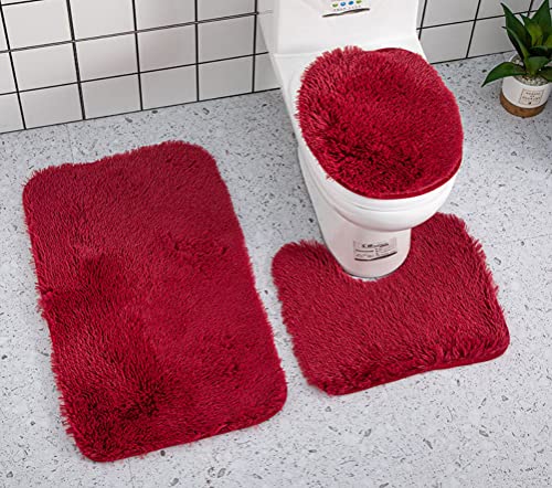 YUMIYU 3-teiliges Set Soft Dark Red WC-Deckelabdeckung WC-YUMIYU Teppich Contour Mat Duschvorleger Dunkelrot von YUMIYU