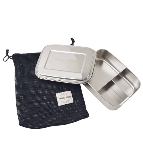 YUMMII YUMMII Bento Large 3 und wiedernverwendbarer Netzbeutel. Lunchbox Edelstahl 18/8 1800 ml/Umweltfreundliche Lunchbox mit 3 Fächern - perfekt für größere Mahlzeiten. von YUMMII YUMMII