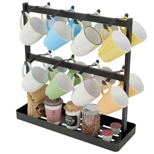 YUMORE Tassenhalter mit 16 Haken Tassenständer Metall Kaffeebecherhalter mit Aufbewahrungsboden Kaffeetasse Halter Bechergestell für Küche Esszimmer Café Theke, Schwarz, 42 * 15 * 41,5cm von YUMORE