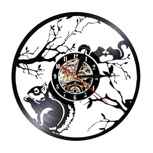 YUN Clock Eichhörnchen Wanduhr aus Vinyl Schallplattenuhr Upcycling 3D Squirrel Design-Uhr Wand-Deko Vintage Familien Zimmer Dekoration Kunst Geschenk Ø: 30 cm von YUN Clock