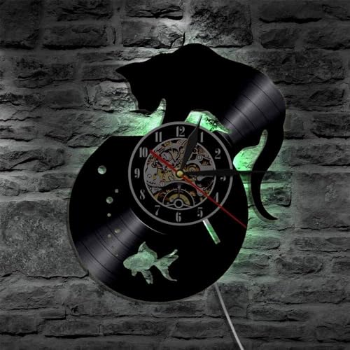 YUN Clock Wanduhr Aus Vinyl Schallplattenuhr Upcycling LED Schwarze Katze Familien Dekoration 3D Design-Uhr Wohnzimmer Schlafzimmer Restaurant Wand-Deko Schwarz Ø: 30 cm von YUN Clock
