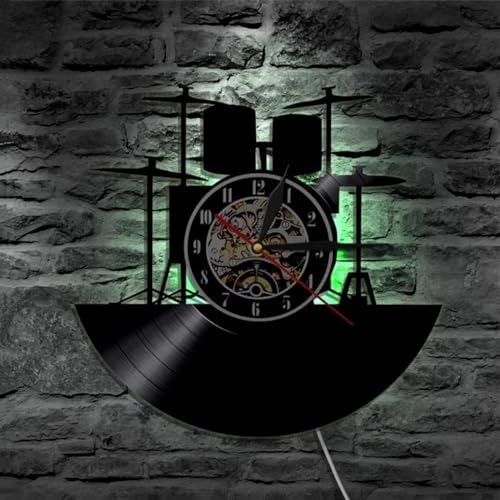 YUN Clock Wanduhr Vinyl Schallplattenuhr Familien Dekoration Musikinstrument LED 3D Drums Hängeuhr Design-Uhr Wand-Deko Uhren Vintage Ø: 30 cm von YUN Clock