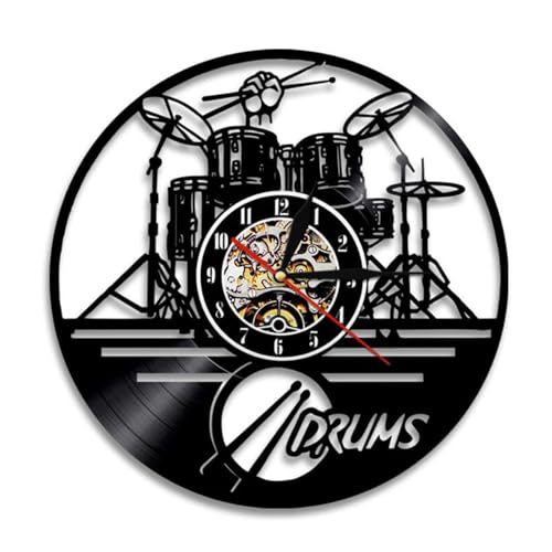 YUN Clock Wanduhr aus Vinyl Schallplattenuhr Upcycling Drums Design-Uhr Wand-Deko Vintage Familien Zimmer Dekoration Kunst Geschenk Schwarz, Durchmesser 30 cm von YUN Clock